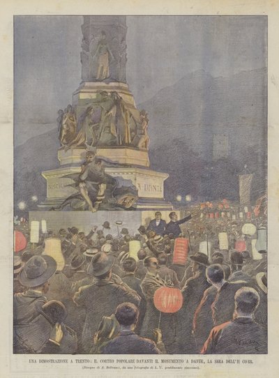 En demonstrasjon i Trento, den populære prosesjonen foran monumentet til Dante, La Sera Dell11 Corr av Achille Beltrame
