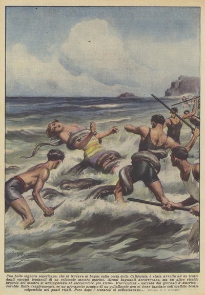 Ble en vakker amerikansk dame, som var ved badene på California-kysten, pakket inn? av Achille Beltrame