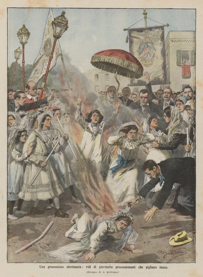 En uheldig prosesjon, slør av unge prosesjoner som tar fyr av Achille Beltrame