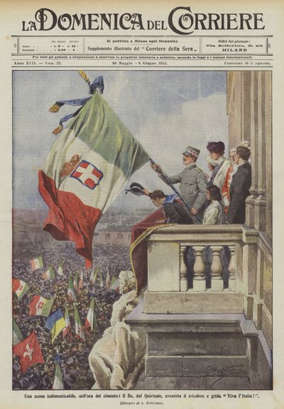 En uforglemmelig scene, i rettssakens time, vifter kongen fra Quirinale med trikoloren og roper Viva lItalia! av Achille Beltrame