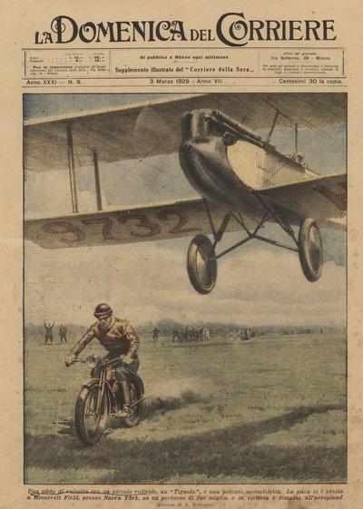 En fartsutfordring mellom et lite fly, en Moth og en kraftig motorsykkel av Achille Beltrame