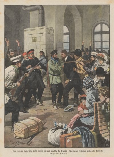 En jernbanestasjon i det europeiske Russland angrepet av brigander, reisende ranet i venterommet av Achille Beltrame