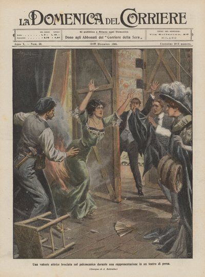 En talentfull skuespillerinne brant seg på scenen under en forestilling i et dramateater av Achille Beltrame