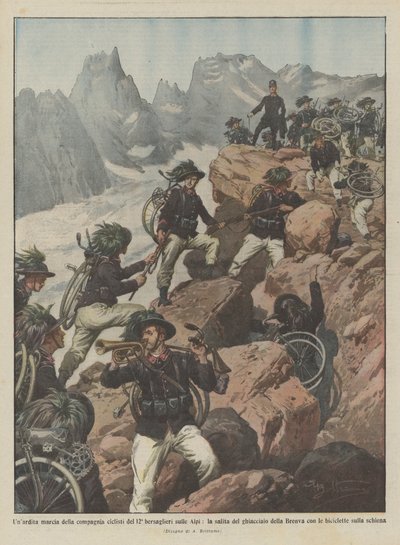 En dristig marsj av det 12. bersaglieri syklistselskapet i Alpene, bestigningen av isbreen? av Achille Beltrame