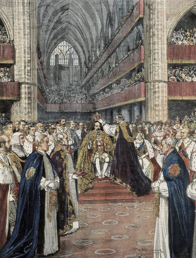 Storbritannia (1901). Kroningen av Edward VII i Westminster Abbey. Illustrasjon av Achille Beltrame publisert i Domenica del Corriere. Gravering. av Achille Beltrame