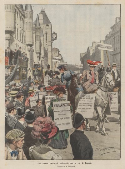 En merkelig prosesjon av suffragetter gjennom Londons gater av Achille Beltrame