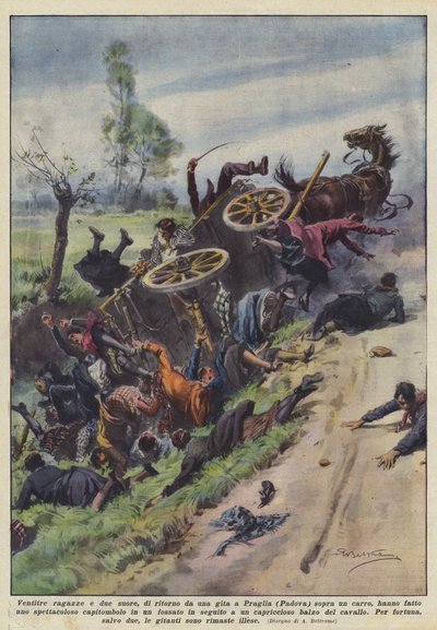 Tjuetre jenter og to nonner, på vei tilbake fra en tur til Praglia (Padua) på en vogn? av Achille Beltrame