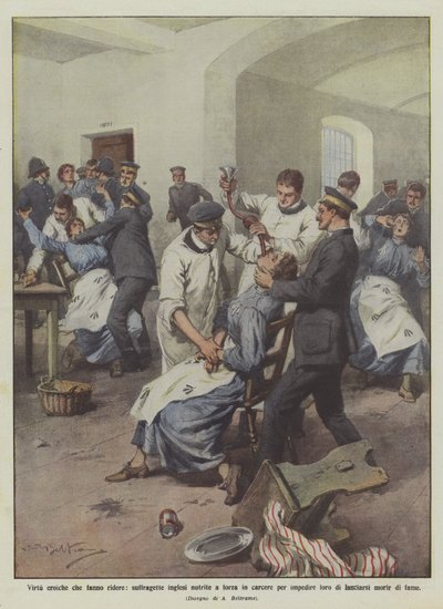 Heroiske dyder som får deg til å le, engelske suffragetter tvangsmatet i fengsel for å forhindre dem? av Achille Beltrame