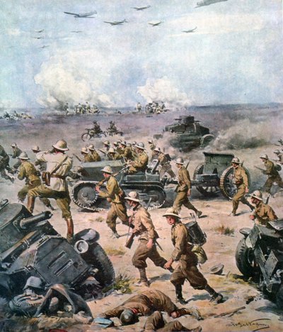 WWII-1940 Nord-Afrika-kampanjen - Den italienske invasjonen av Aegypt, La Domenica del Corriere 22. september 1940 av Achille Beltrame