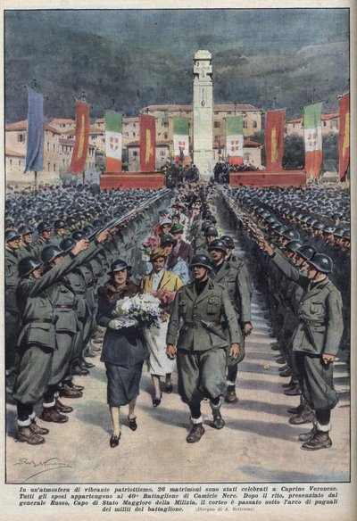 Bryllupsseremoni for medlemmer av svarte skjorter i Veronese Caprino en Venetie Illustrasjon av Achilles Beltrame de "" La Domenica del corriere "" "av 10/10/1937. av Achille Beltrame