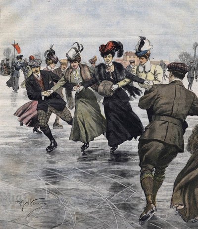 Winter fun. Skaters. illustration by Achille Beltrame in 1907. av Achille Beltrame