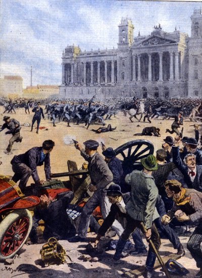 Arbeideropprør i Budapest i 1912 for allmenn stemmerett. av Achille Beltrame