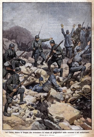Første verdenskrig: Italiensk front på Carso-platået (Trentino) og fanger i undergrunnen. "Domenica del Corriere". 07/1917 (litografi) av Achille Beltrame