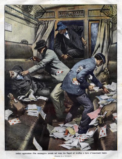 banditter ved angrepet i et posttog mellom Napoli og Avellino i 1910. Achilles Beltrame-illustrasjon for Domenica del corriere. av Achille Beltrame