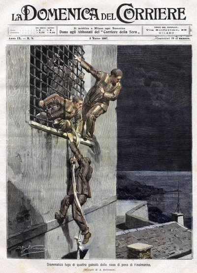 escape of three prisoners from Finalmarina prison in Italy in 1907. Iluustration of Achille Beltrame for the Domenica del Corriere of March 3 av Achille Beltrame