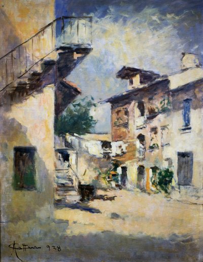 Interiør av rustikk gårdsplass, av Achille Cattaneo (1872-1931). Italia, 1900-tallet. av Achille Cattaneo
