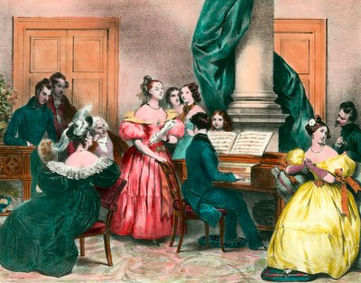 En musikalsk ettermiddag i familien Gravering av Achille Deveria (1800-1857) Gravering fra 1800-tallet. Privat samling av Achille Devéria