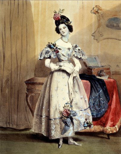 Klokken elleve om kvelden, ung jente på kveldstoalett (Akvarell) 1800-tallet av Achille Devéria