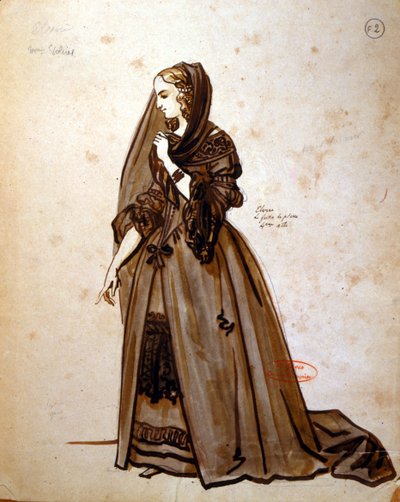 Kostymedesign for rollen som Dona Elvire i en produksjon fra 1847 av 