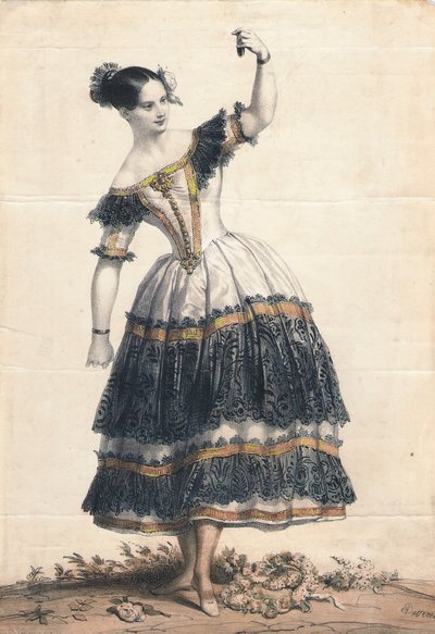 Fanny Elssler som Florinda i dansen La Cachucha-balletten Le Diable lame, 1836 av Achille Devéria