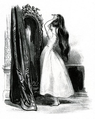 Madame Bovary, for Gustave Flauberts roman - Emma Bovary bunker det lange håret sitt foran speilet av Achille Devéria