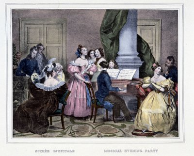 Musikalsk kveld rundt pianoforte - i "" Les heures de la Parisienne"" av Achille Deveria av Achille Devéria