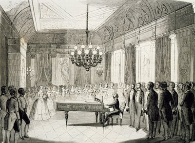 Musikalsk aften med piano, av Achille Deveria (1800-1857), gravering, Frankrike av Achille Devéria