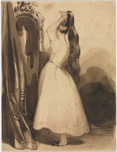 Ung kvinne som grer håret, 1800-tallet, før 1857. av Achille Devéria