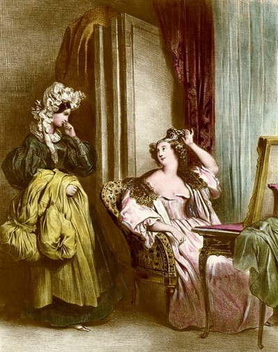 Toalettet: en elegant ung kvinne med sin tjenerinne Litografi av Achilles Deveria (1800-1857) 1800-tallssamling Particuliere av Achille Devéria