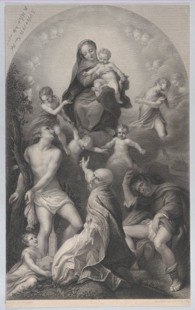 Madonnaen av Saint Sebastian, med jomfruen og barnet, omgitt av engler, ser etter..., 1847. av Achille Désiré Lefèvre