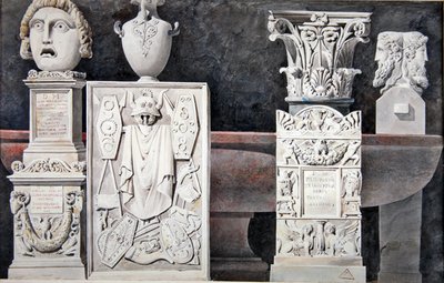 Fragmenter av eldgamle skulpturer (grafitt, vask og akvarell på papir) av Achille Francois Leclere