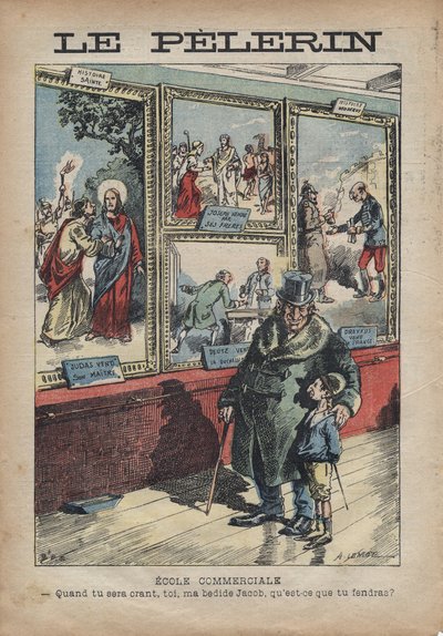 Tegneserieantisemitt av Achille Lemot for «Le-Pelerin»» fra september 1896 - Handelsskole: når du blir et stipend, du min seng Jakob, hva vil du dele? av Achille Lemot