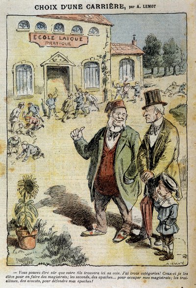 Valg av karriere: Tegneserie om Laique-skolen - av Achile Lemot (1846-1909), i "" Le Pelerin"" av 04.04.1909 av Achille Lemot