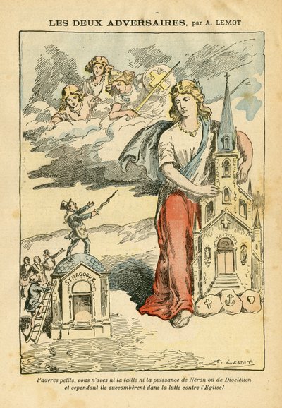 Illustrasjon av Achille Lemot (1846-1909) i Le Pelerin, 09/09/06 - De to motstanderne - Antisemittisme, Religion Tro, Trefarget flagg, katedralkirker, synagoge, katolsk katolisisme - Allegori, skalaendring av Achille Lemot