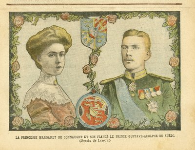 Illustrasjon av Achille Lemot (1846-1909) i Le Pelerin, 21/05/05 - Prinsesse Margaret av Connaught og hennes forlovede Prins Gustave-Adolphe av Sverige - Monarki, Medalje, Foreign Sovereign, Sverige - De Connaught Margaret (1882-1920) , Gustave IV Adolphe  av Achille Lemot
