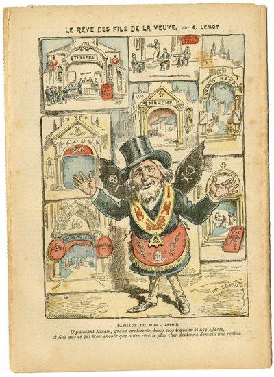 Illustrasjon av Achille Lemot (1846-1909) i Le Pelerin, 23/09/06 - Drømmen om enkens sønner - Antimilitarisme, Religion Tro, Churches Cathedrales, Katolsk katolisisme - Laicization av det religiøse rom, Laicization Laicite Lay-lover - Hiram av Achille Lemot