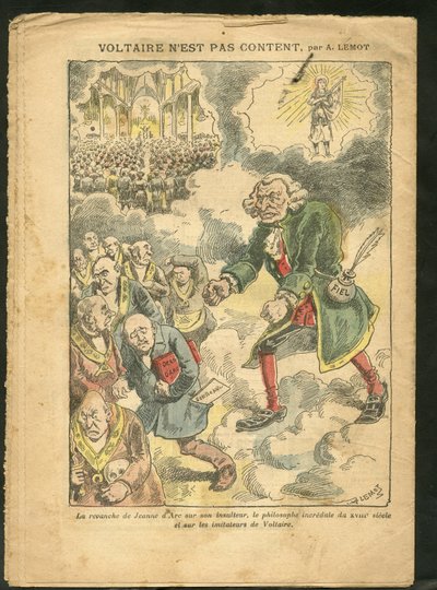 Illustrasjon av Achille Lemot (1846-1909) i Le Pelerin, 25/04/09 - Voltaire er ikke fornøyd - Antimaconism Freemaking, Religion Faith, Catholic Catholicism - Laicization Laicite Laiques lover - Voltaire, Jeanne d'Arc av Achille Lemot