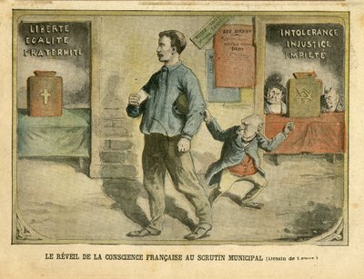 Illustrasjon av Achille Lemot (1846-1909) i Le Pelerin, 01/05/04 - Den franske samvittighetens oppvåkning til den kommunale avstemningen - Valg, Religion Tro, Bloc des lefts, Catholicism Catholique - Laicization Laicite Sekulære lover - Combes Emile ( 1835 av Achille Lemot