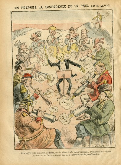 Illustrasjon av Achille Lemot (1846-1909) i Le Pelerin, 03/02/07 - Forbereder fredskonferansen - Russland, Tyskland Preussen, Asia, Musikk, Amerika USA USA, England Storbritannia, Øst, Europa, Italia, Kina, Kanoner , skjell, Fred, Dans, Frankrike, Nedrustn av Achille Lemot