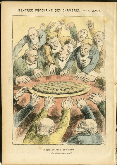 Illustrasjon av Achille Lemot (1846-1909) i Le Pelerin, 03/06/06 - Neste utleie av kamrene - Antiparlamentarisme, Chamber of Deputes Hemicycle, Galette des rois - Depute av Achille Lemot