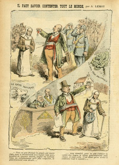 Illustrasjon av Achille Lemot (1846-1909) i Le Pelerin, 03/09/05 - Du må vite hvordan du skal tilfredsstille alle - Antiklerikalisme, Antimakonisme Frigjøring, Religion Tro, Medalje, Bloc des lefts, Katolsk katolisisme - Utkastelser av religiøse, Laicizati av Achille Lemot