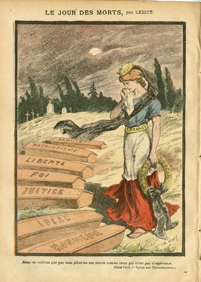 Illustrasjon av Achille Lemot (1846-1909) i Le Pelerin, 03/11/07 - The Day of the Dead - Justice Proces, Religion Faith, Liberte, Frankrike, Trefarget flagg, Patriotisme, Mourning Obseque Funeral, Honour, Casket - Marianne - Døden, religiøs metafor av Achille Lemot