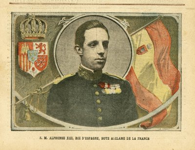 Illustrasjon av Achille Lemot (1846-1909) i Le Pelerin, 04/06/05 - Hans Majestet Alfonso XIII, konge av Spania, Hote Acclame of France - Spania, Monarki, Flagg, Utenlandsk suveren - Alfonso XIII av Achille Lemot