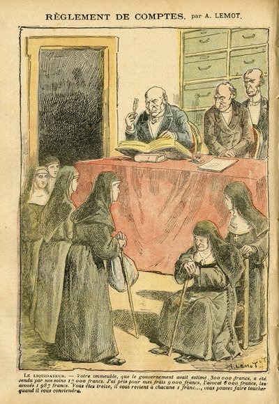Illustrasjon av Achille Lemot (1846-1909) i Le Pelerin, 04/08/07 - Regulering av kontoer - Antisemittisme, Religion Tro, katolsk katolisisme - Separasjon av kirke og stat, inventar/reaksjoner på inventar - Nonner søstre gode søstre av Achille Lemot