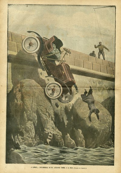 Illustrasjon av Achille Lemot (1846-1909) i Le Pelerin, 05/05/07 - I Cannes faller herr Liegards bil til sjøen - Diverse fakta, Bilindustri, Marine Marine Seaside, Ulykker Katastrofer av Achille Lemot