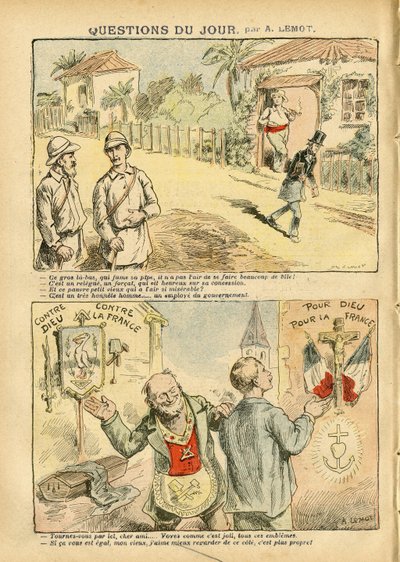 Illustrasjon av Achille Lemot (1846-1909) i Le Pelerin, 06/10/07 - Dagens spørsmål - Kolonisering Kolonialisme Kolonisme, Antimakonisme Freemaking, Religion Tro, Ateisme, Patriotisme, Eksil, Katolsk Katolisisme - Nybyggere, Explorer, Forcats, Bagnard av Achille Lemot