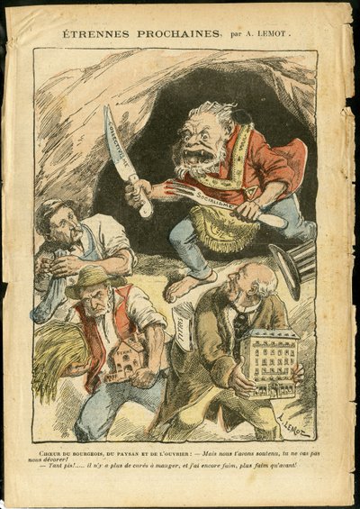 Illustrasjon av Achille Lemot (1846-1909) i Le Pelerin, 07/01/06 - Neste fremmed - Landbruk, Kollektivisme, Sosialisme - Arbeider, Bønder, Bønder - Ogre/spise/svelge, Animalisering av Achille Lemot