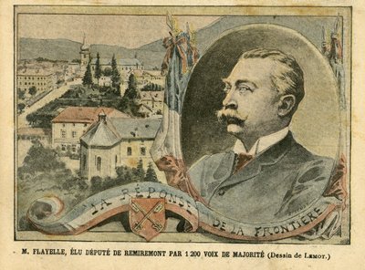 Illustrasjon av Achille Lemot (1846-1909) i Le Pelerin, 07/02/04 - M. Flayelle, valgt til stedfortreder for Remiremont med 1200 flertall - Valg, Alsace Lorraine, Chambre des deputes Hemicycle, Patriotisme, Frontières, Remiremont, Vosges Stedfortreder, Flay av Achille Lemot
