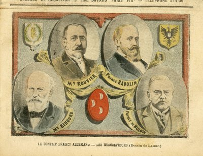 Illustrasjon av Achille Lemot (1846-1909) i Le Pelerin, 09/07/05 - Den fransk-tyske konflikten forhandlerne - Kolonisering Kolonialisme Kolonier, Tyskland Preussen, Marokko, Frankrike, Tanger - Rouvier Maurice (1842-1911), Bulow Bernhard von (1849-1929), R av Achille Lemot