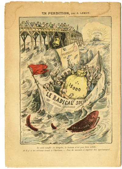 Illustrasjon av Achille Lemot (1846-1909) i Le Pelerin, 20/06/09 - I fortapelse - Radikalisme, Valg, Antimaconism Freemaking, Maritime Marine Seaside, Femten tusen, Parlamentarisk skadesløsholdelse, Radikale og radikale sosialistpartiet - Fisk, Hai - Ani av Achille Lemot